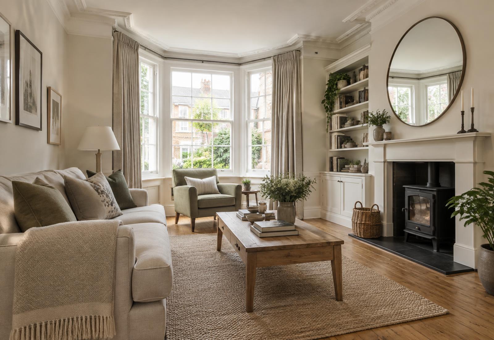 Bay-windowed living room in a British rental home