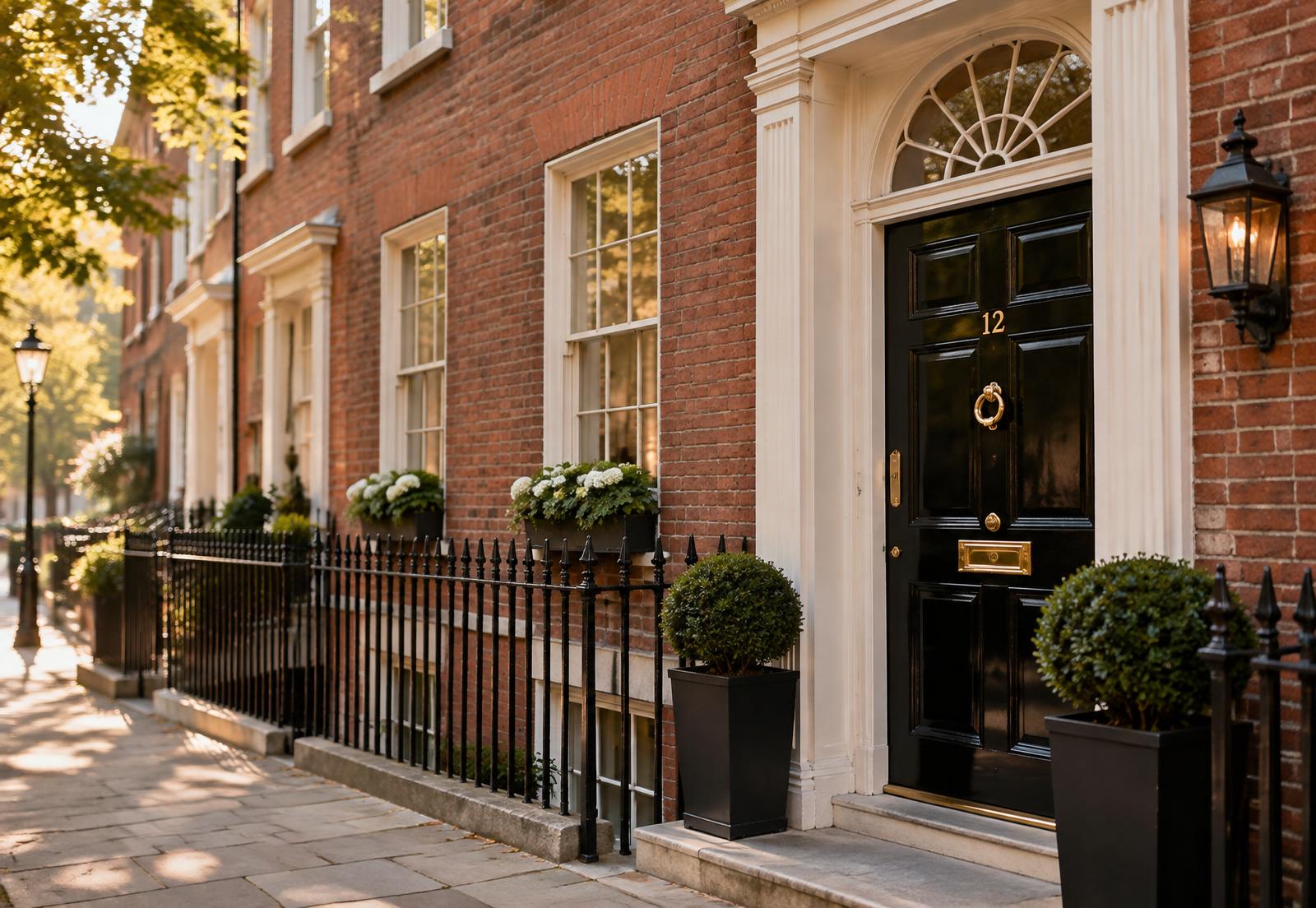Georgian townhouse exterior with a black front door